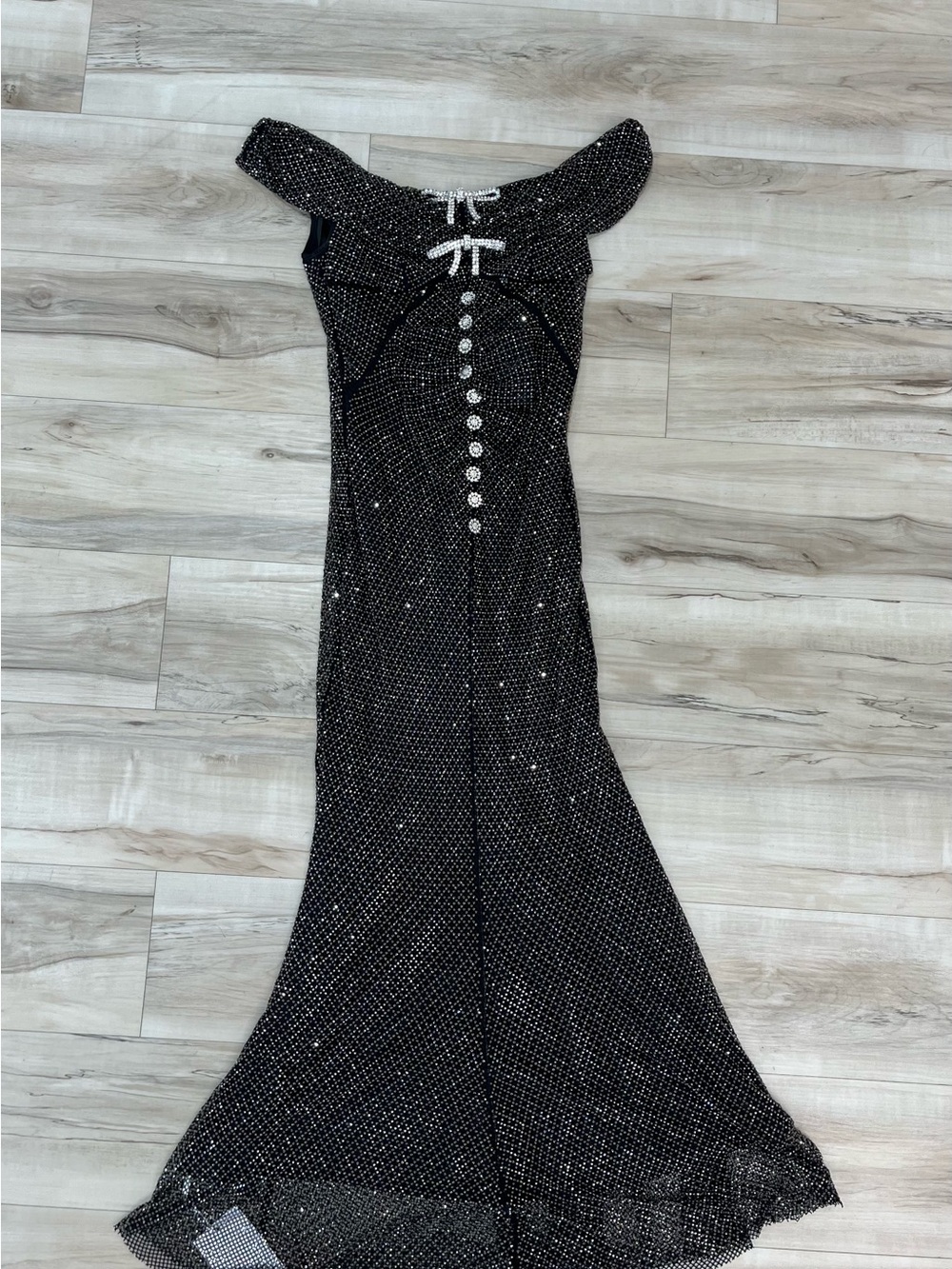 Self-Portrait Black Sequin Off-Shoulder Maxi Dress with Crystal Buttons